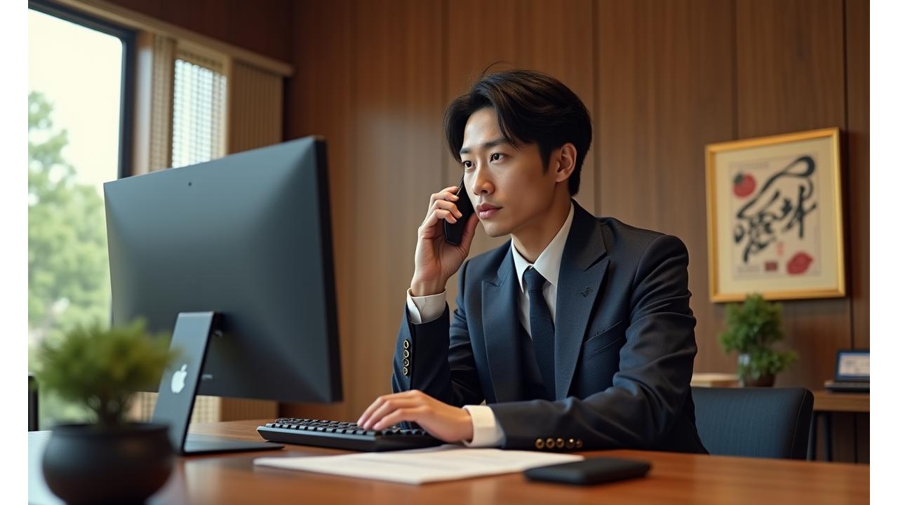 和牛ウェイの専門家がお客様からの問い合わせに対応するイメージ。モダンなオフィスで、和牛に関する資料が並ぶ中、専門スタッフが真剣な表情で電話に応対している