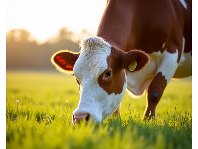 広々とした牧草地で、柔らかい草をゆっくりと食むグラスフェッド和牛。健康的な毛並みと穏やかな表情