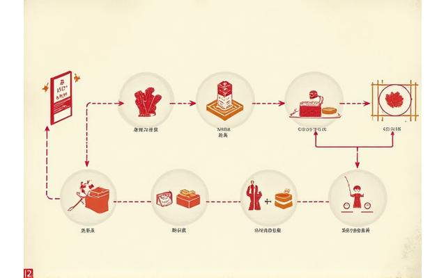 日本の伝統的な木版画風で描かれた、和牛取引のシンプルなフローチャート。注文から決済、配送までの段階が分かりやすく表現されている。